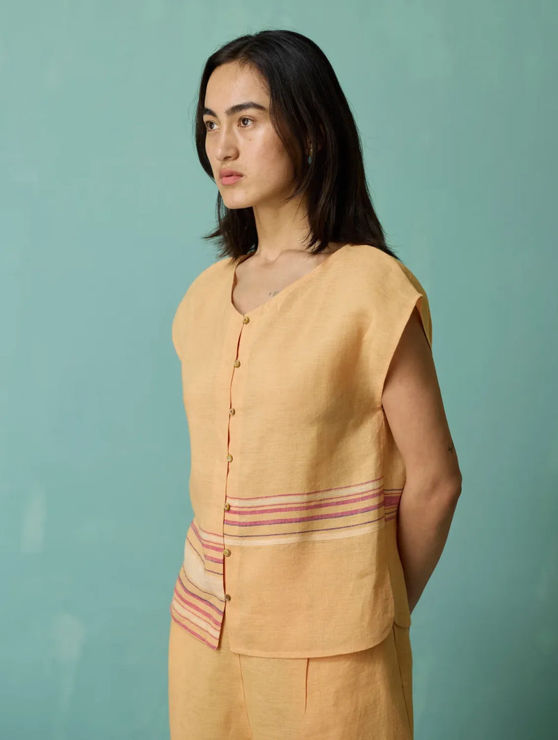 Xora Border Linen Cap-Sleeve Top - Apricot linen top/shirt by Manan in apricot for women Worldwide