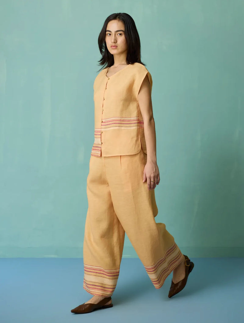 Xora Border Linen Cap-Sleeve Top - Apricot linen top/shirt by Manan in apricot for women Worldwide