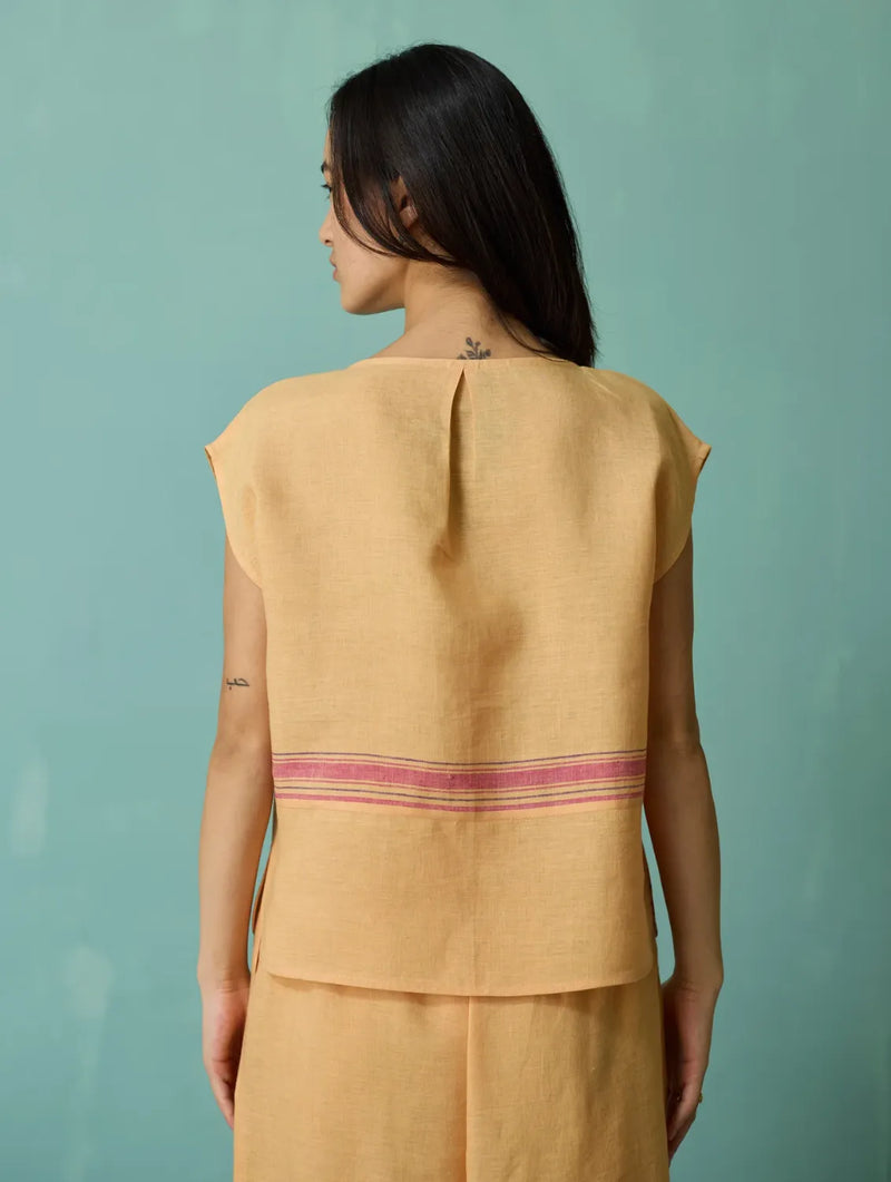 Xora Border Linen Cap-Sleeve Top - Apricot linen top/shirt by Manan in apricot for women Worldwide