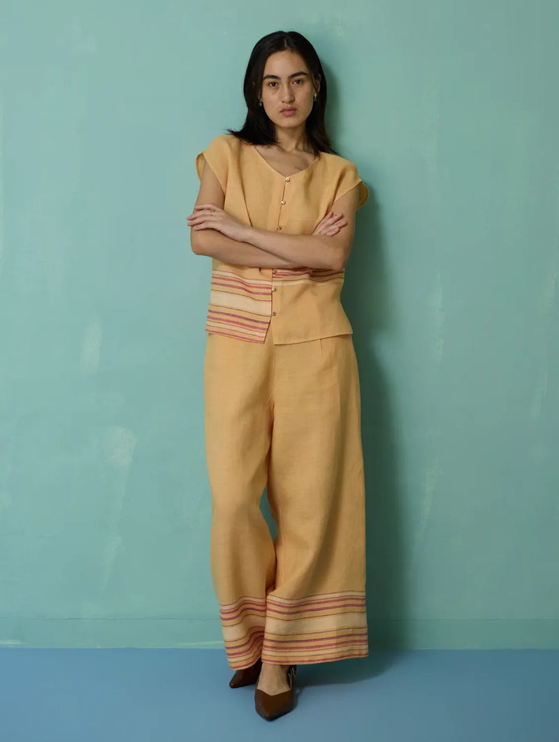 Xora Border Linen Cap-Sleeve Top - Apricot linen top/shirt by Manan in apricot for women Worldwide