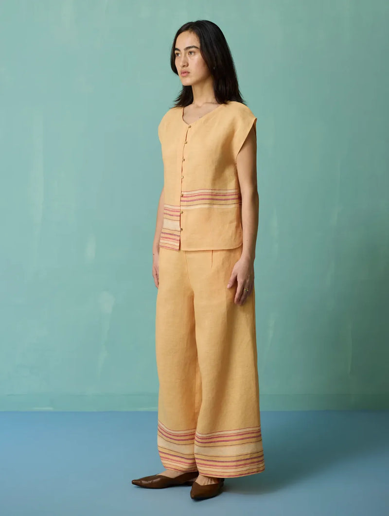 Xora Border Linen Cap-Sleeve Top - Apricot linen top/shirt by Manan in apricot for women Worldwide