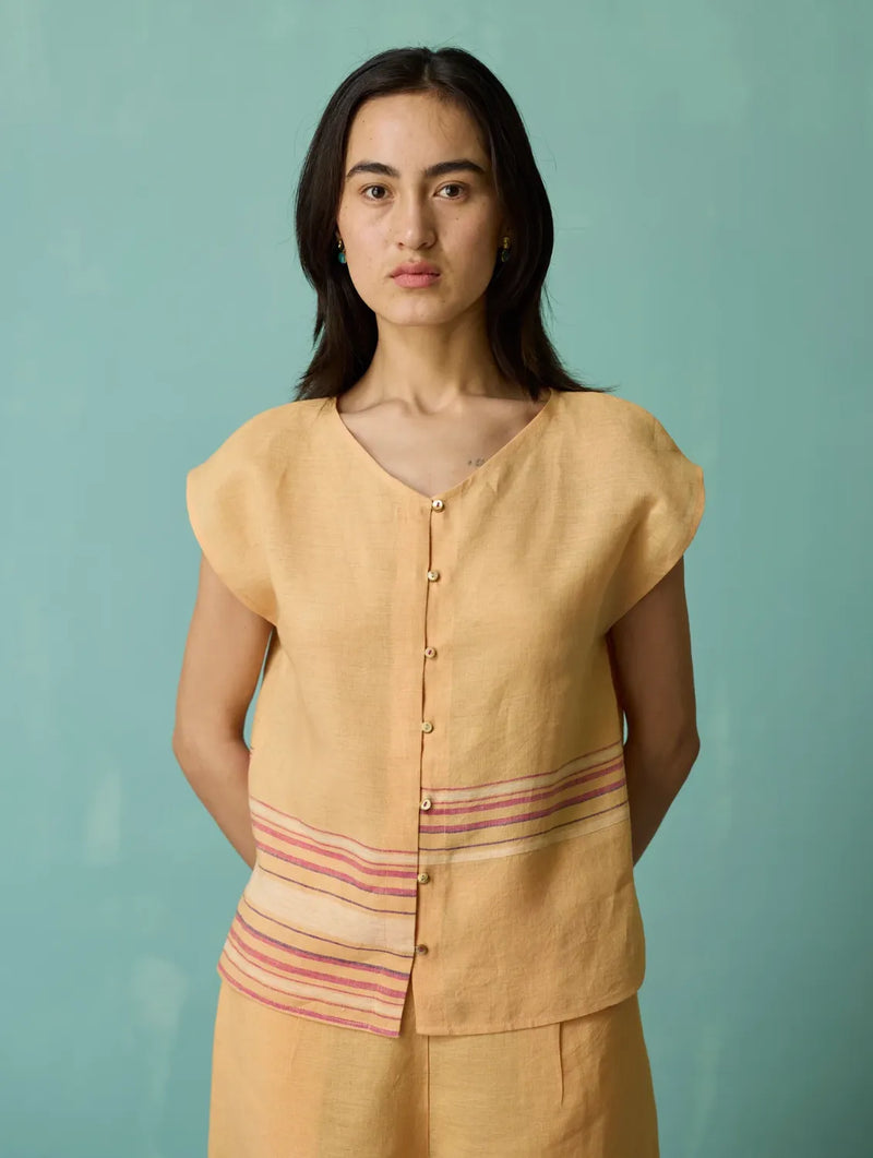Xora Border Linen Cap-Sleeve Top - Apricot linen top/shirt by Manan in apricot for women Worldwide