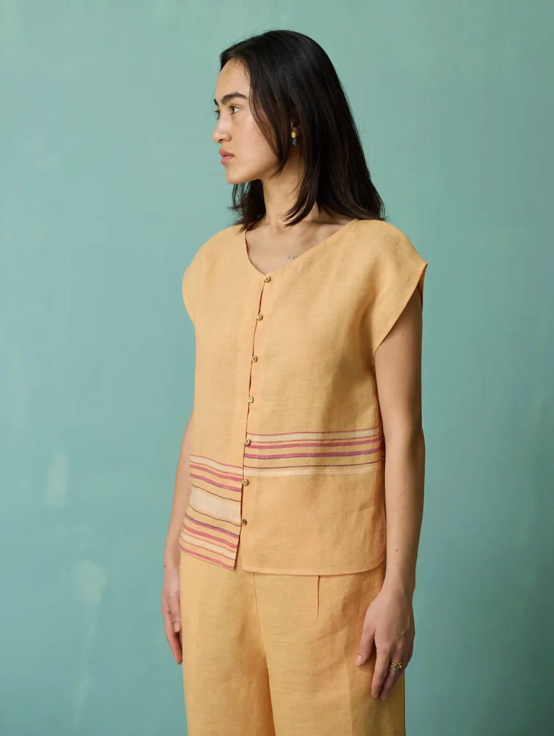 Xora Border Linen Cap-Sleeve Top - Apricot linen top/shirt by Manan in apricot for women Worldwide