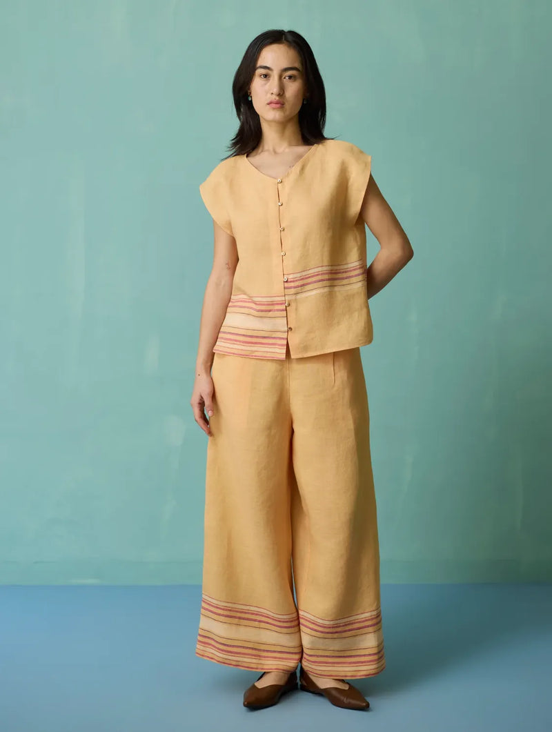 Xora Border Linen Cap-Sleeve Top - Apricot linen top/shirt by Manan in apricot for women Worldwide
