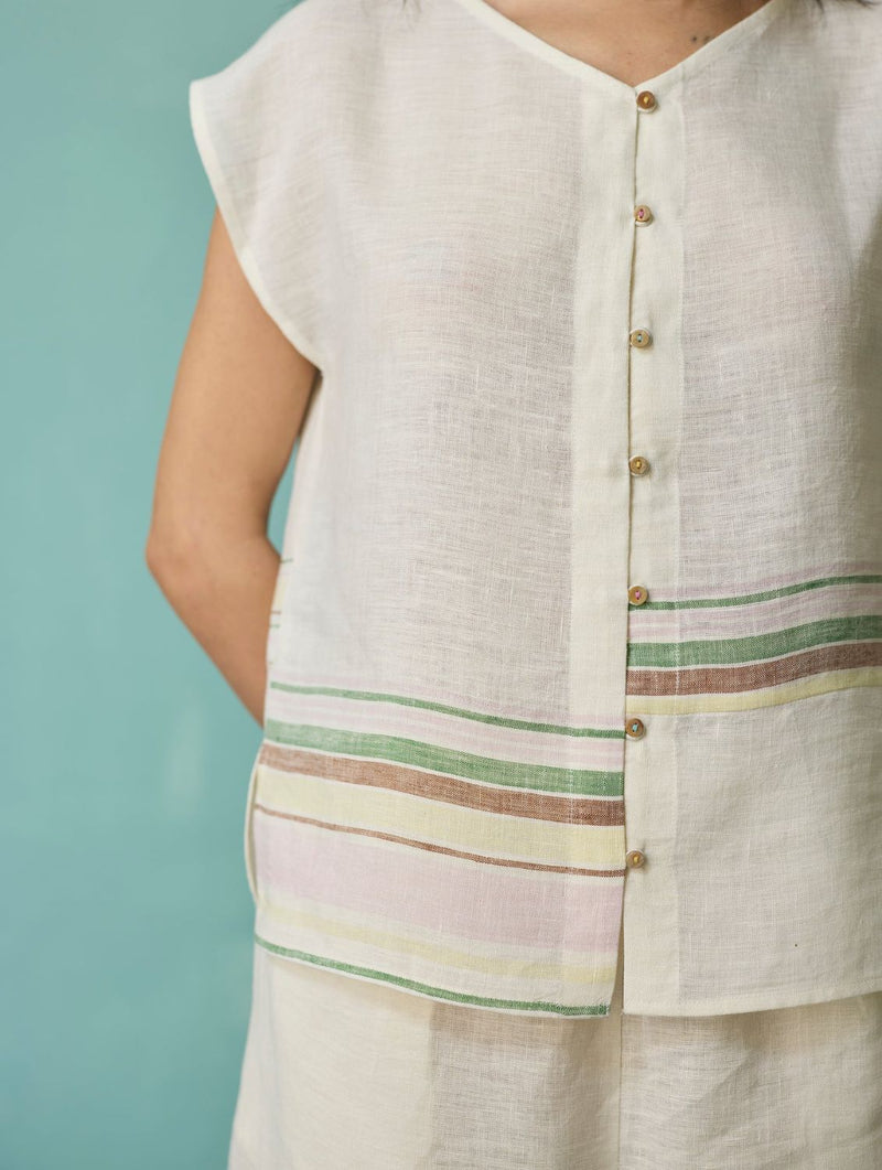 Xora Border Linen Cap-Sleeve Top - Ivory linen top/shirt by Manan in ivory for women Worldwide