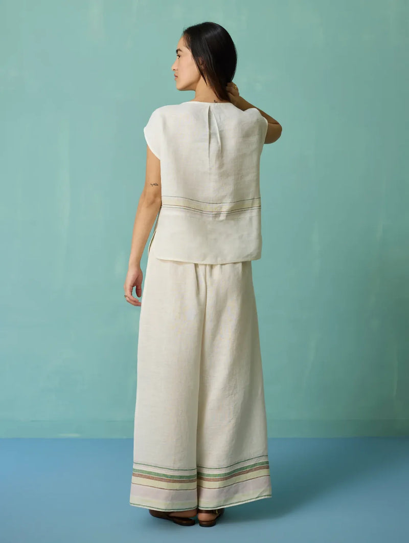 Xora Border Linen Cap-Sleeve Top - Ivory linen top/shirt by Manan in ivory for women Worldwide