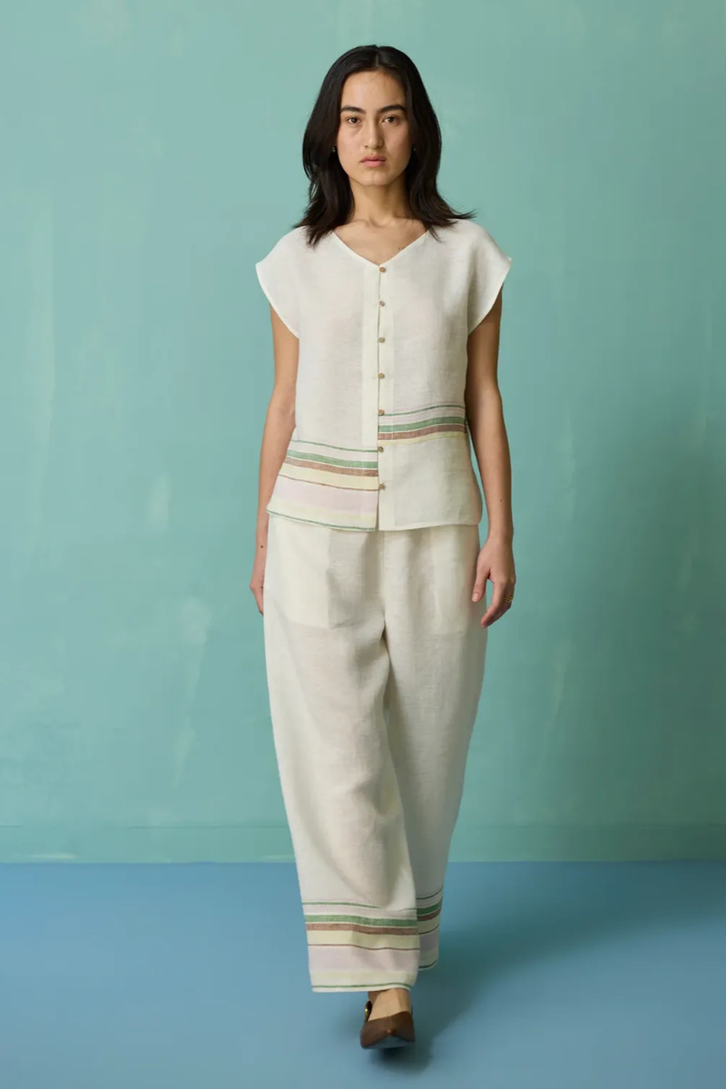 Xora Border Linen Cap-Sleeve Top - Ivory linen top/shirt by Manan in ivory for women Worldwide