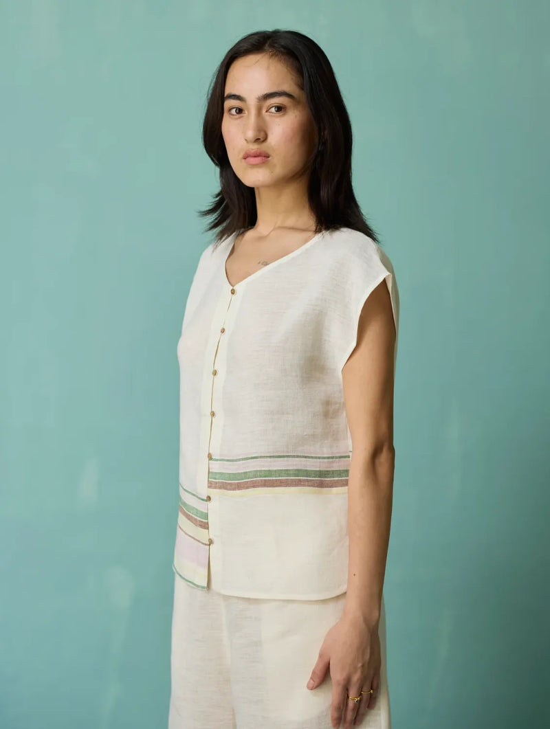 Xora Border Linen Cap-Sleeve Top - Ivory linen top/shirt by Manan in ivory for women Worldwide