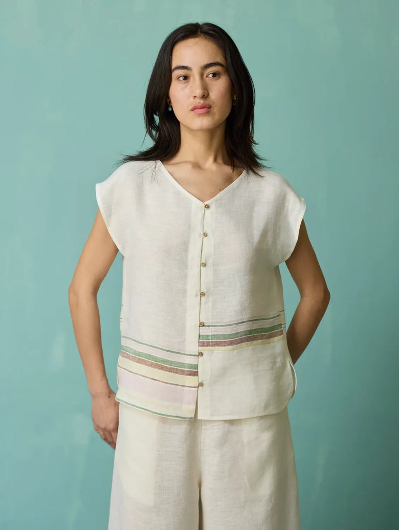Xora Border Linen Cap-Sleeve Top - Ivory linen top/shirt by Manan in ivory for women Worldwide