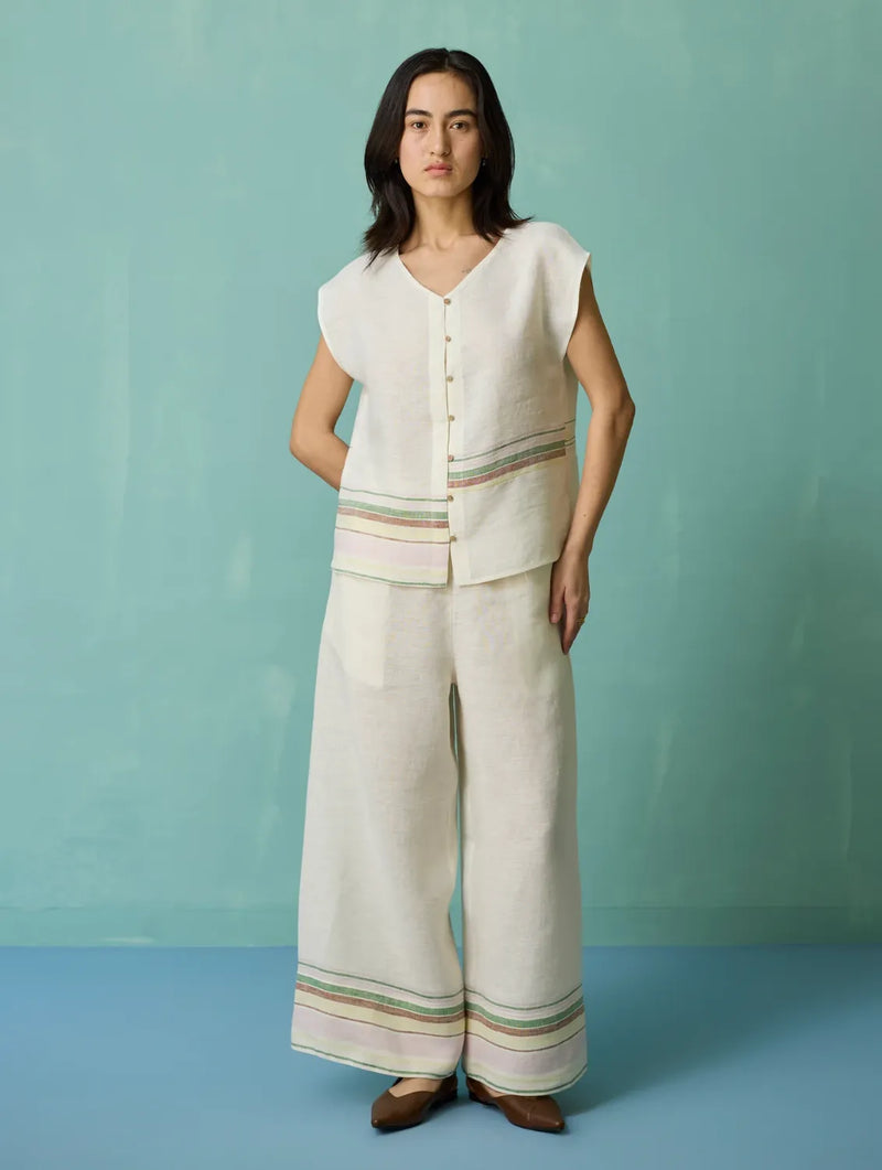 Xora Border Linen Cap-Sleeve Top - Ivory linen top/shirt by Manan in ivory for women Worldwide