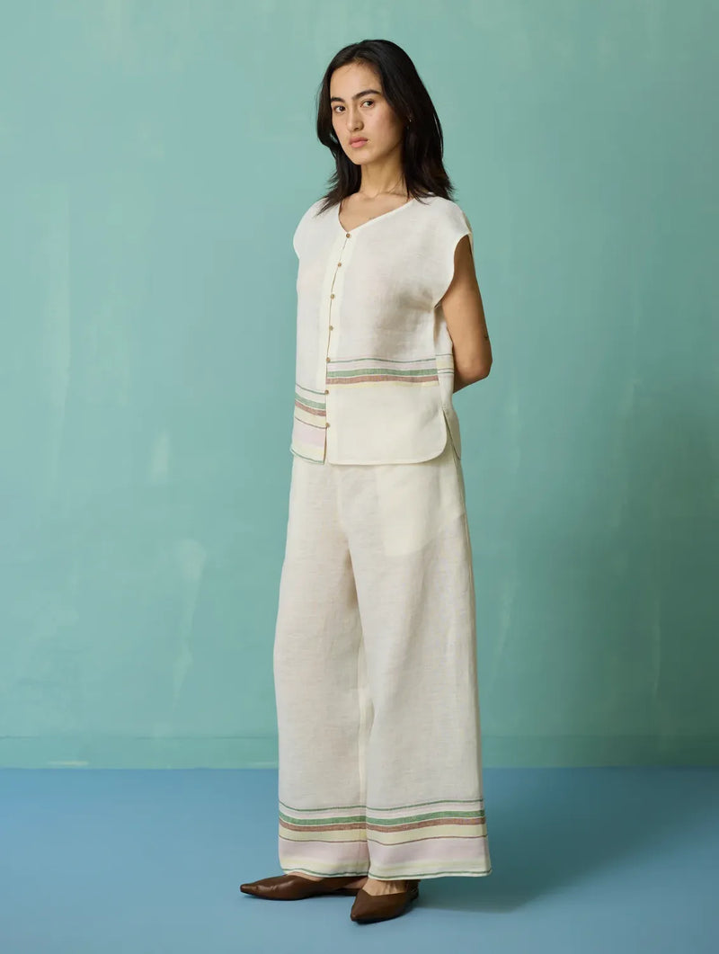 Xora Border Linen Cap-Sleeve Top - Ivory linen top/shirt by Manan in ivory for women Worldwide