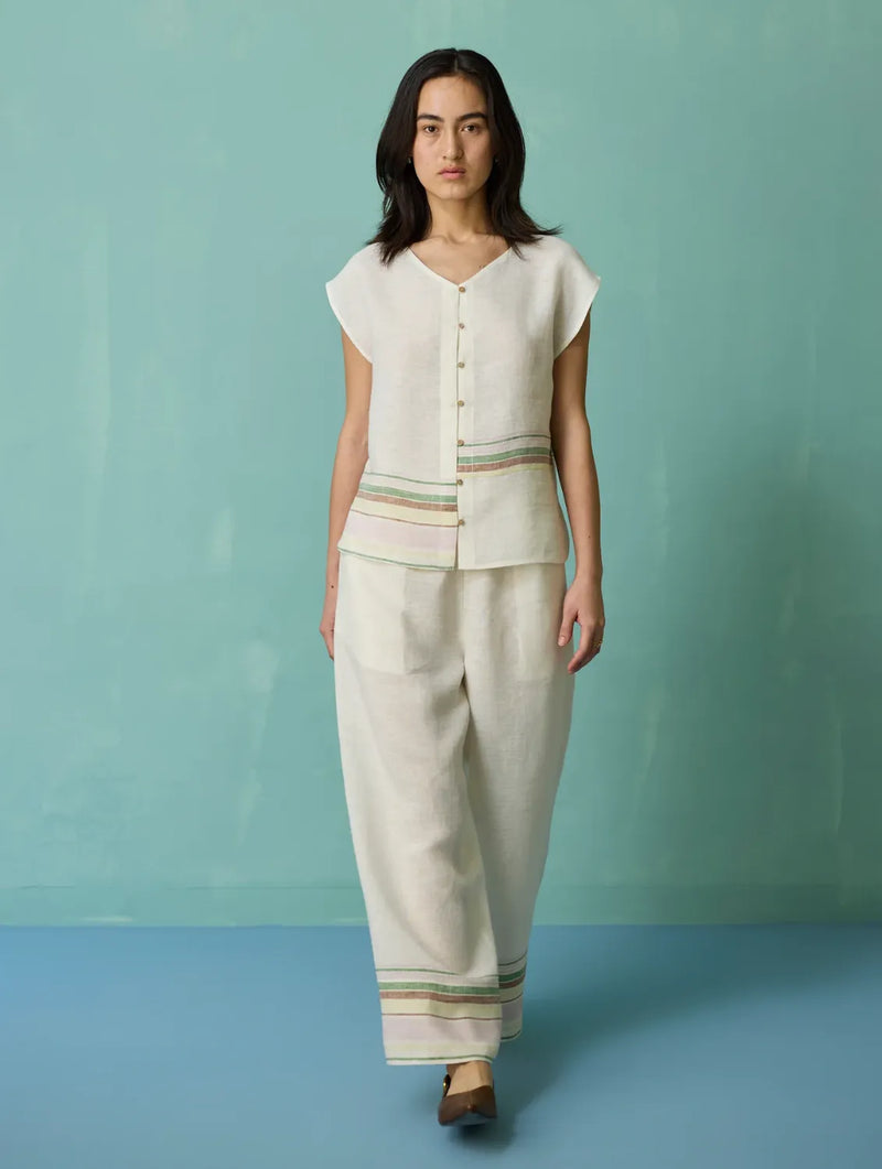 Xora Border Linen Cap-Sleeve Top - Ivory linen top/shirt by Manan in ivory for women Worldwide