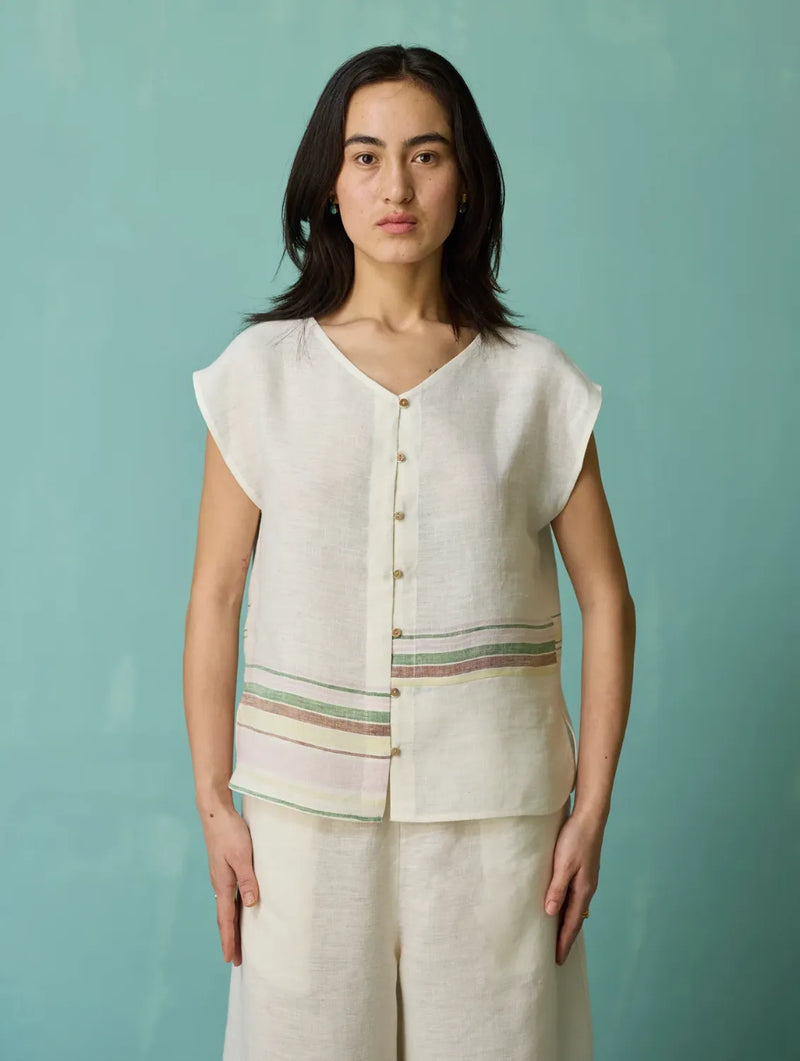 Xora Border Linen Cap-Sleeve Top - Ivory linen top/shirt by Manan in ivory for women Worldwide