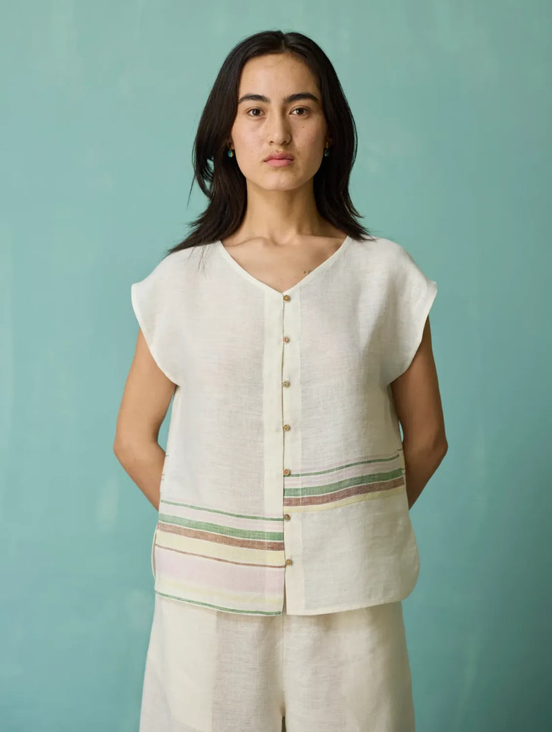 Xora Border Linen Cap-Sleeve Top - Ivory linen top/shirt by Manan in ivory for women Worldwide
