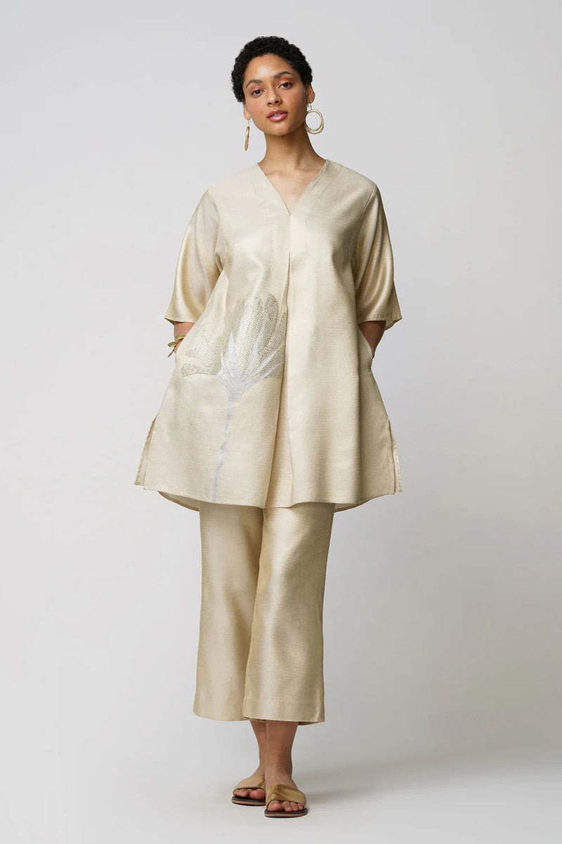 Xylia' wild peony flower bloom applique gold zari short and long tunic set zari kurta/kurta set by Malika Mathur in gold for women Worldwide
