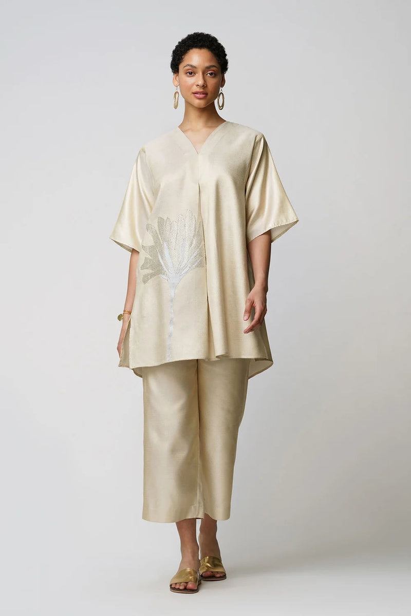 Xylia' wild peony flower bloom applique gold zari short and long tunic set zari kurta/kurta set by Malika Mathur in gold for women Worldwide