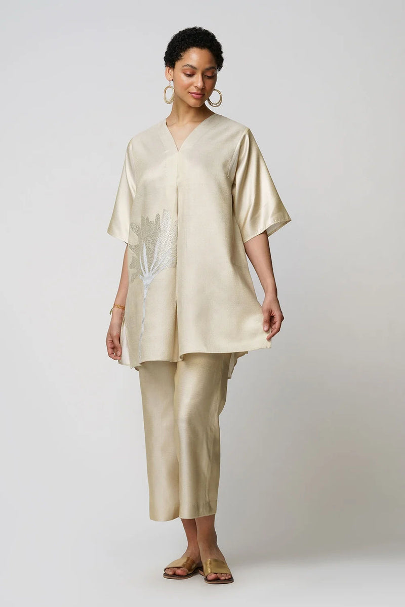 Xylia' wild peony flower bloom applique gold zari short and long tunic set zari kurta/kurta set by Malika Mathur in gold for women Worldwide