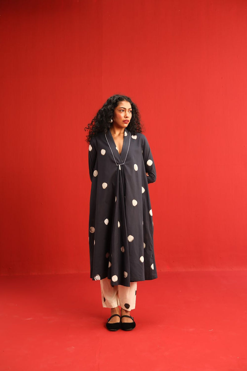Polka A Line Kurta Set cotton by Yam in black color for women Worldwide