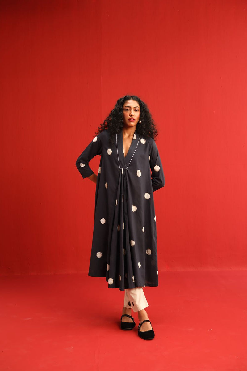 Polka A Line Kurta Set cotton by Yam in black color for women Worldwide