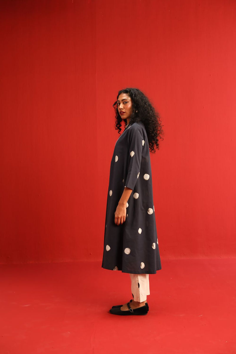 Polka A Line Kurta Set cotton by Yam in black color for women Worldwide