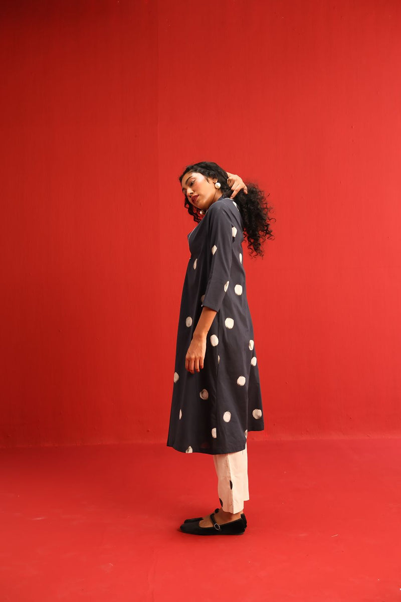 Polka A Line Kurta Set cotton by Yam in black color for women Worldwide