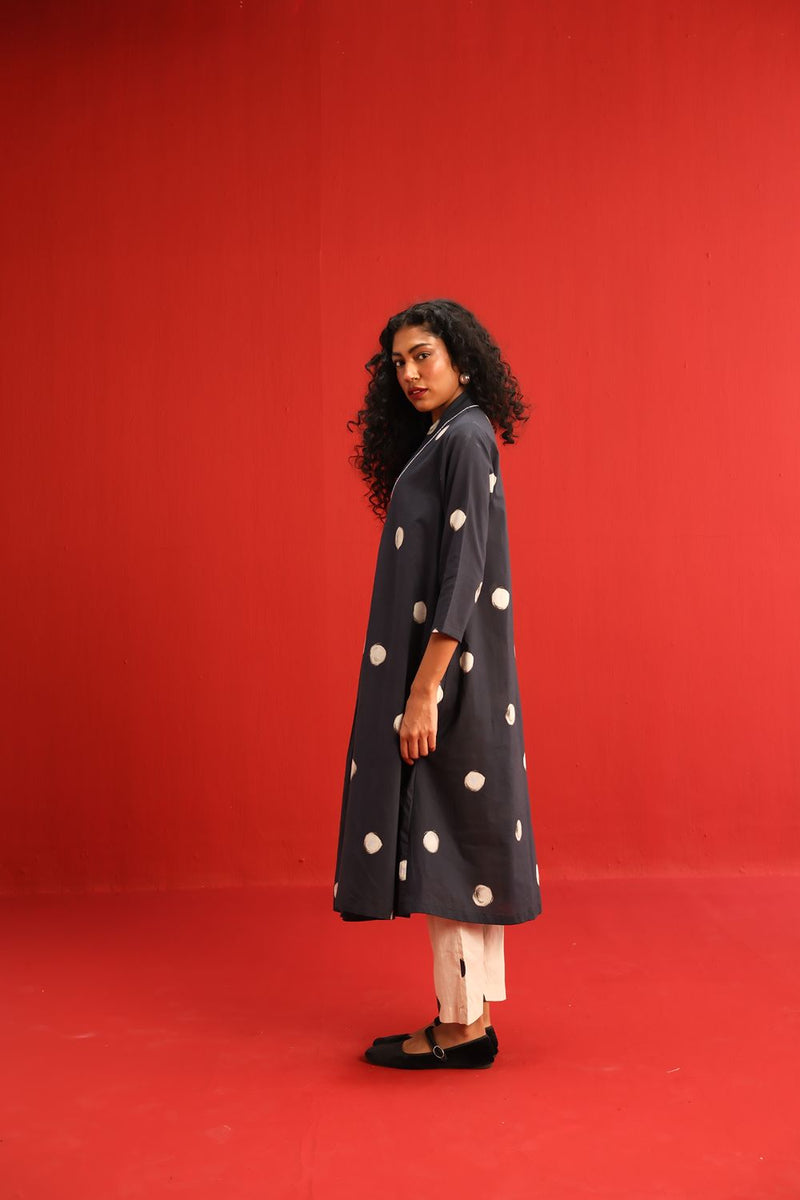 Polka A Line Kurta Set cotton by Yam in black color for women Worldwide
