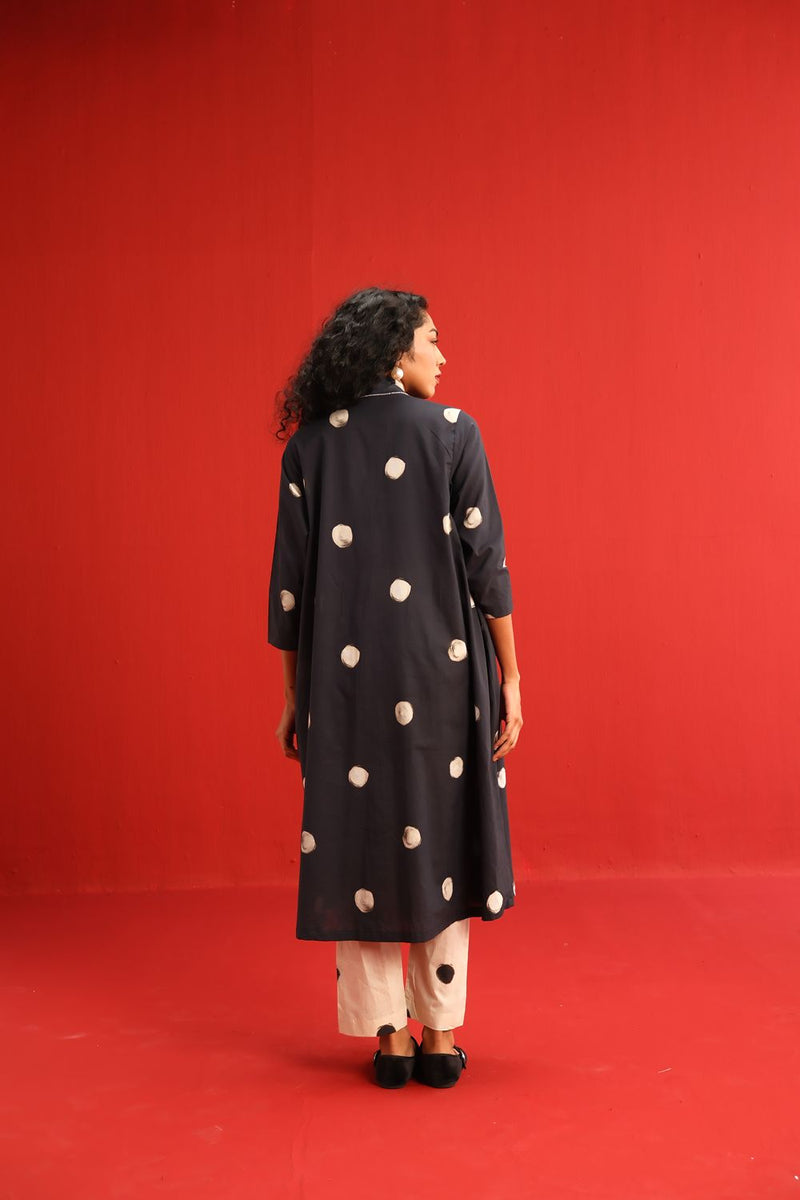 Polka A Line Kurta Set cotton by Yam in black color for women Worldwide