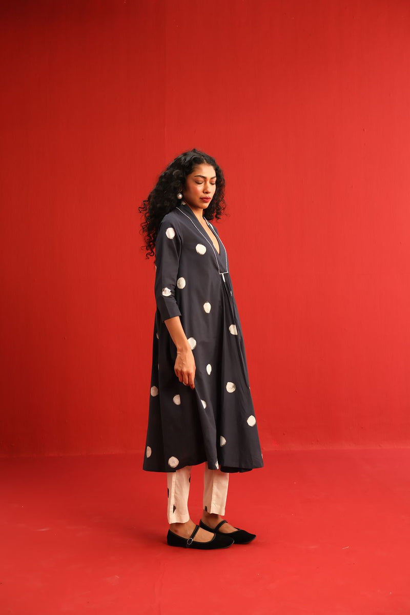 Polka A Line Kurta Set cotton by Yam in black color for women Worldwide