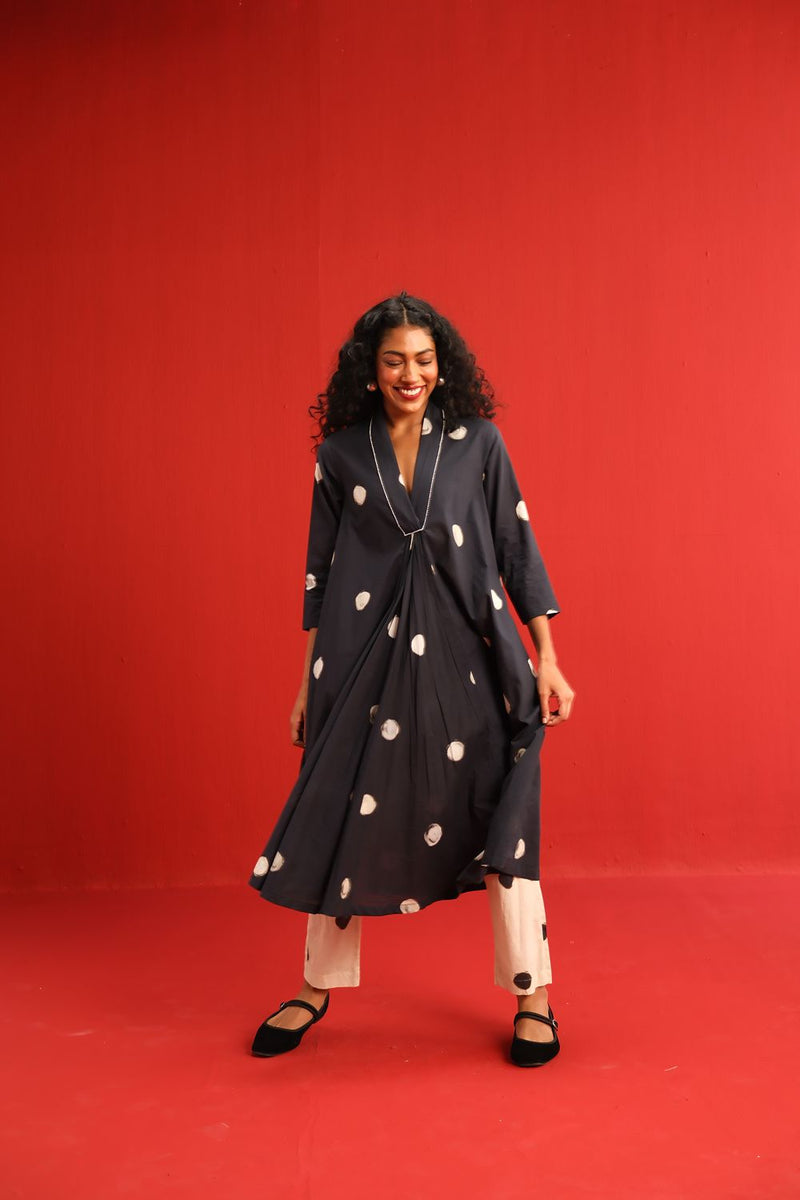 Polka A Line Kurta Set cotton by Yam in black color for women Worldwide