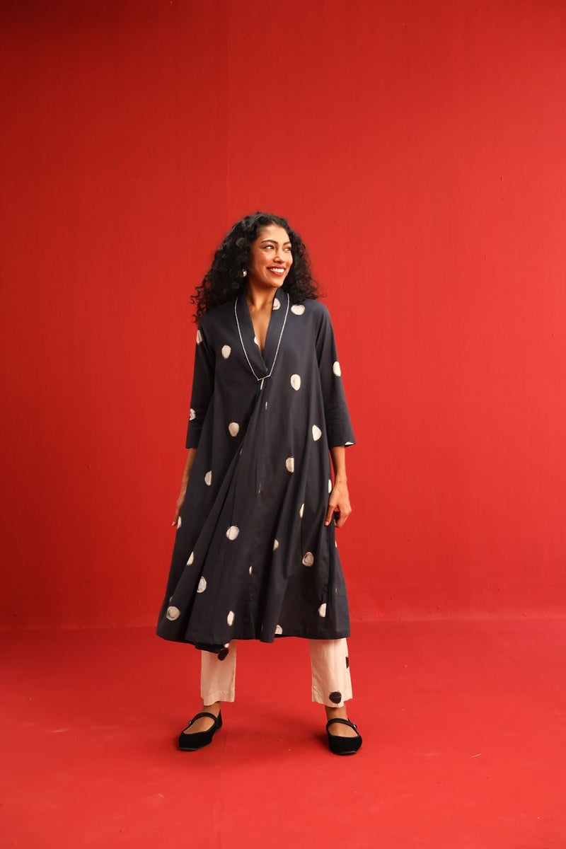 Polka A Line Kurta Set cotton by Yam in black color for women Worldwide