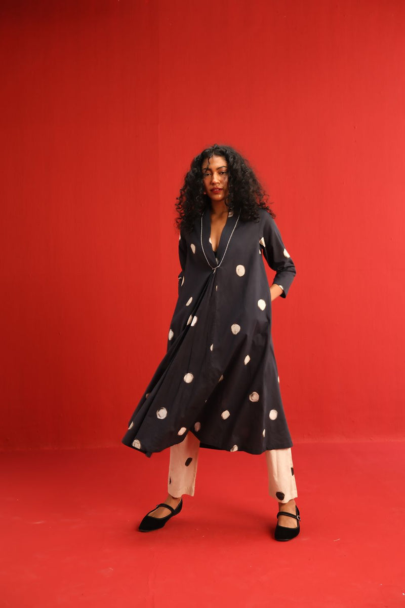 Polka A Line Kurta Set cotton by Yam in black color for women Worldwide
