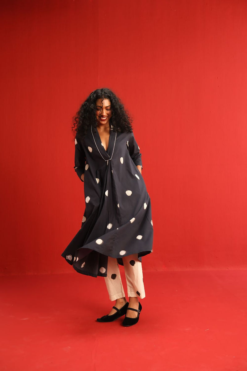 Polka A Line Kurta Set cotton by Yam in black color for women Worldwide