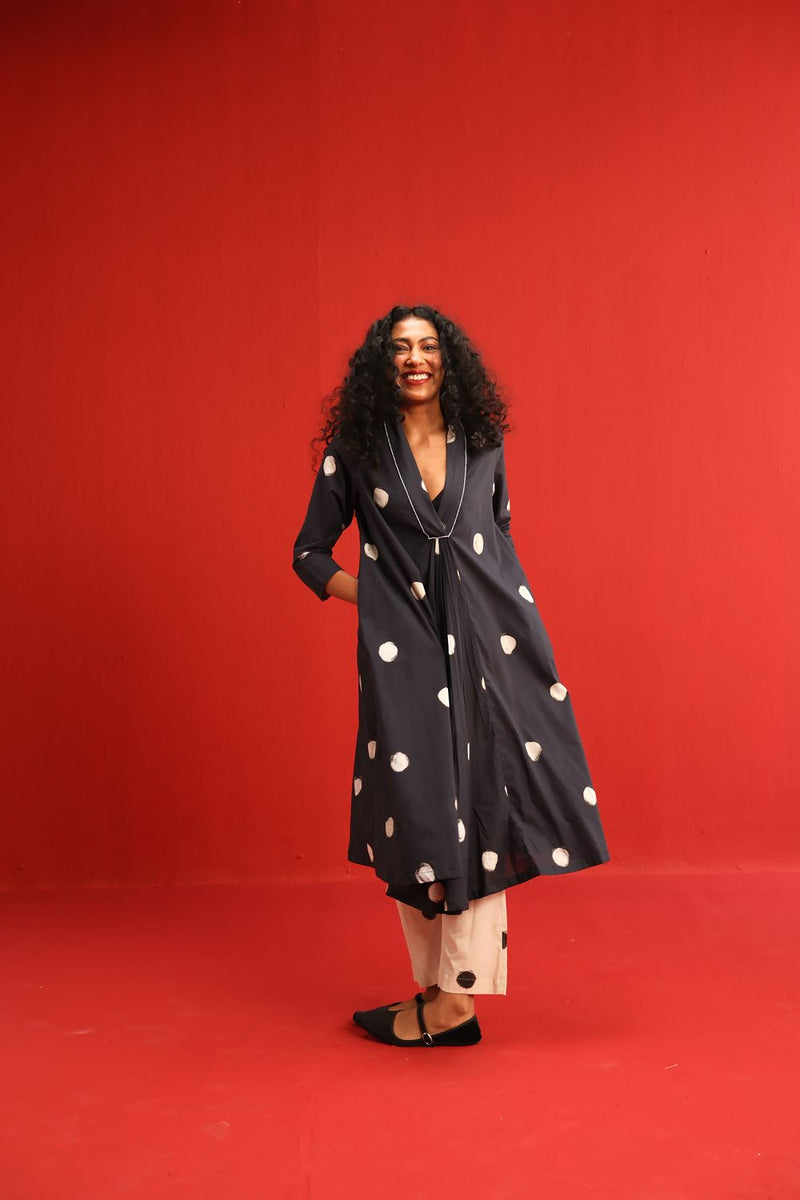 Polka A Line Kurta Set cotton by Yam in black color for women Worldwide