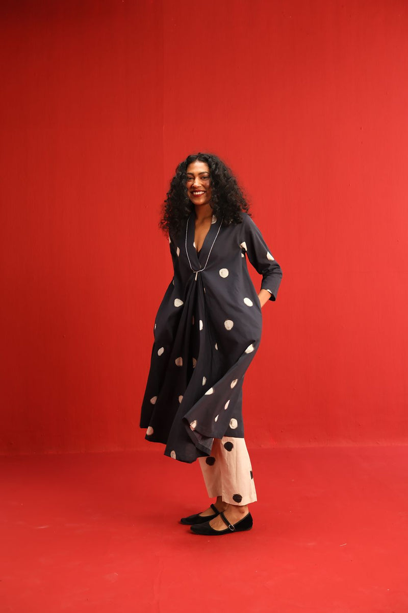 Polka A Line Kurta Set cotton by Yam in black color for women Worldwide