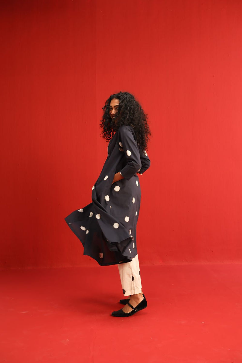 Polka A Line Kurta Set cotton by Yam in black color for women Worldwide
