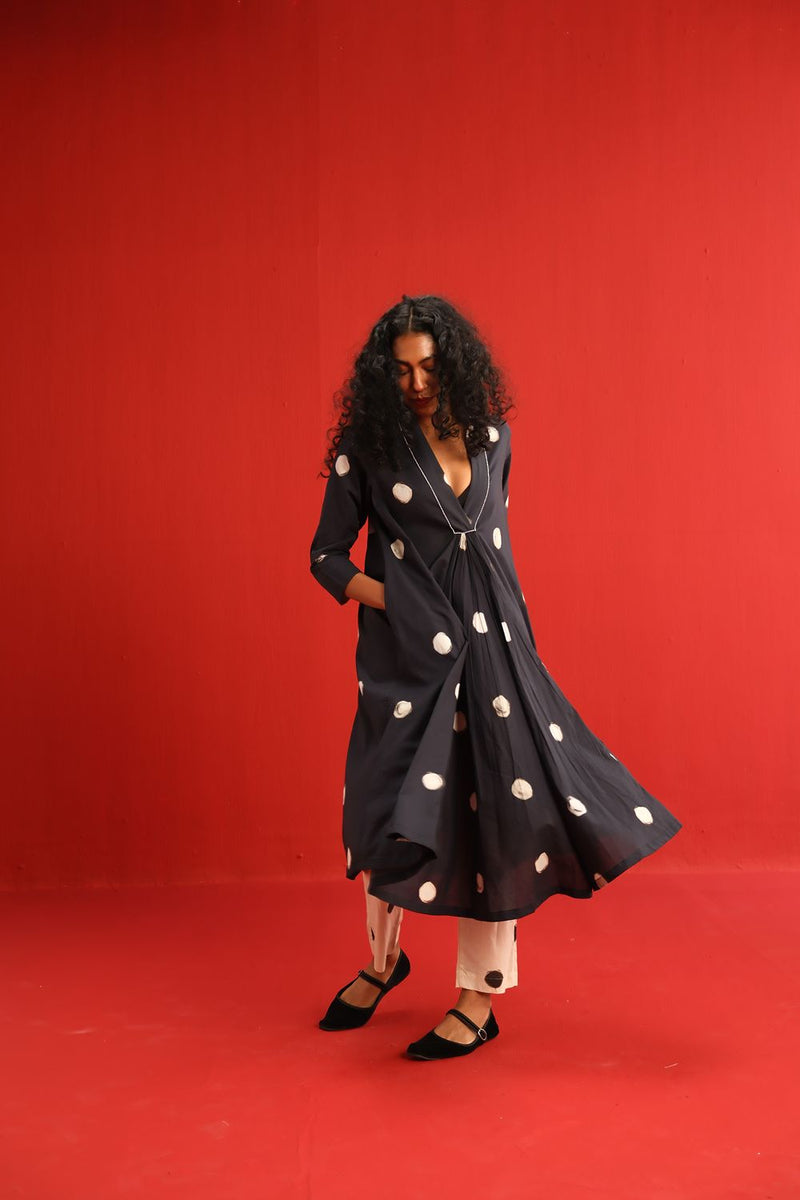 Polka A Line Kurta Set cotton by Yam in black color for women Worldwide