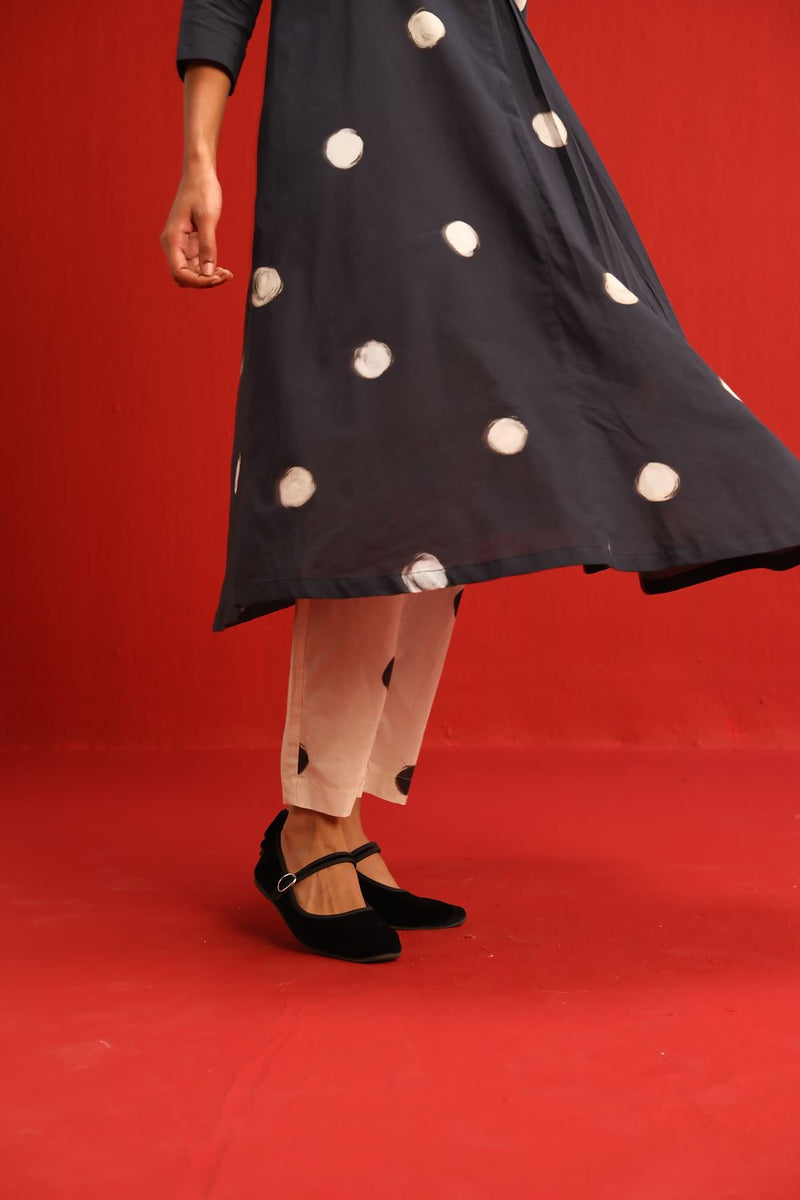 Polka A Line Kurta Set cotton by Yam in black color for women Worldwide