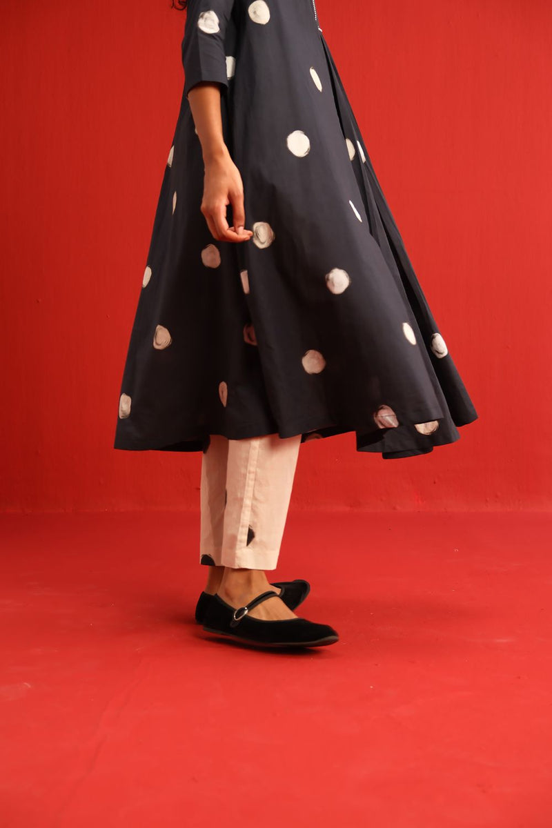 Polka A Line Kurta Set cotton by Yam in black color for women Worldwide