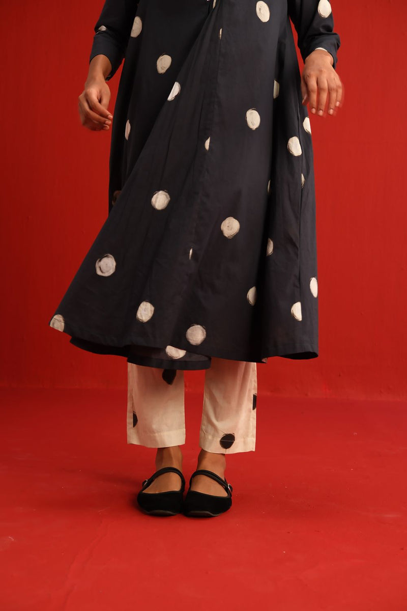 Polka A Line Kurta Set cotton by Yam in black color for women Worldwide
