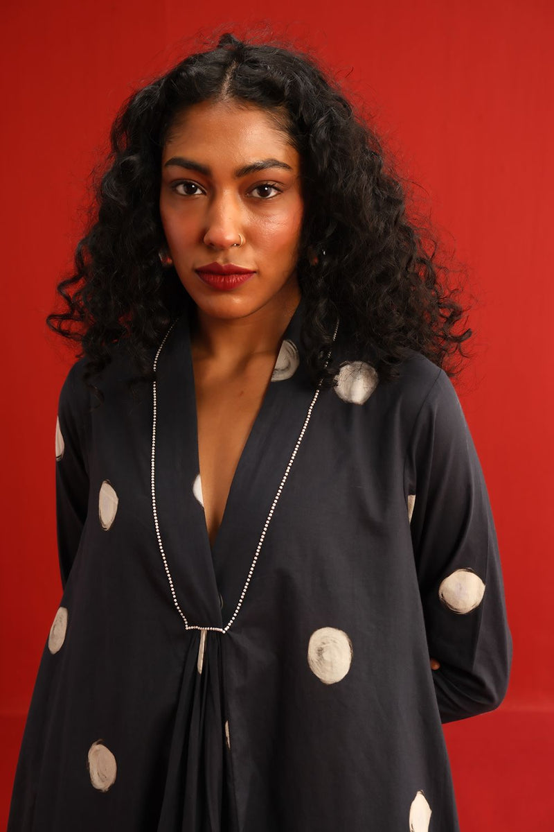 Polka A Line Kurta Set cotton by Yam in black color for women Worldwide