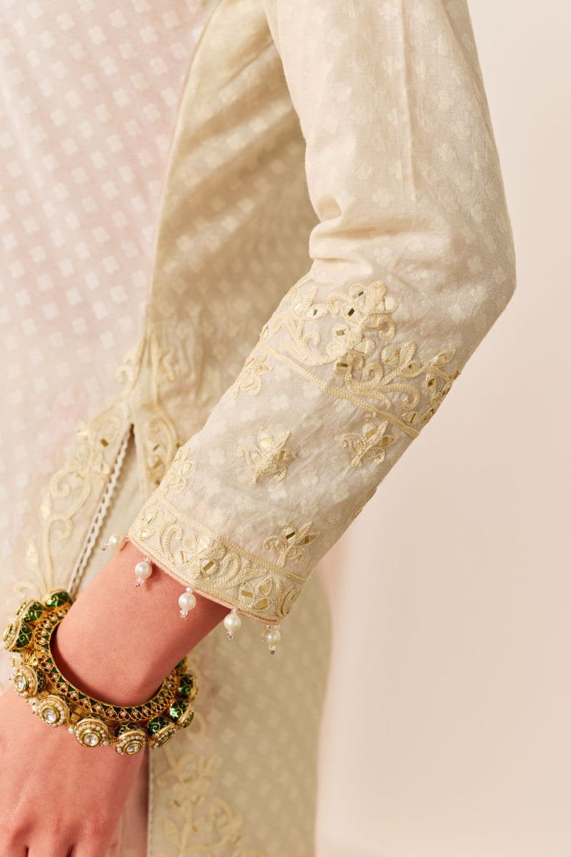 YASNEEN -DAISY IVORY SHORT KURTA WITH GARARA AND DUPATTA chanderi silk kurta/kurta set by SHEETAL BATRA in daisy ivory with carnation pink for women Worldwide