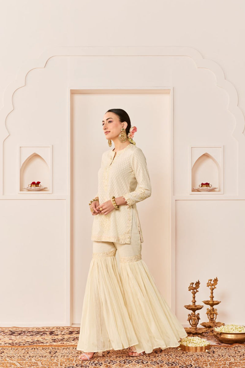 YASNEEN -DAISY IVORY SHORT KURTA WITH GARARA AND DUPATTA chanderi silk kurta/kurta set by SHEETAL BATRA in daisy ivory with carnation pink for women Worldwide