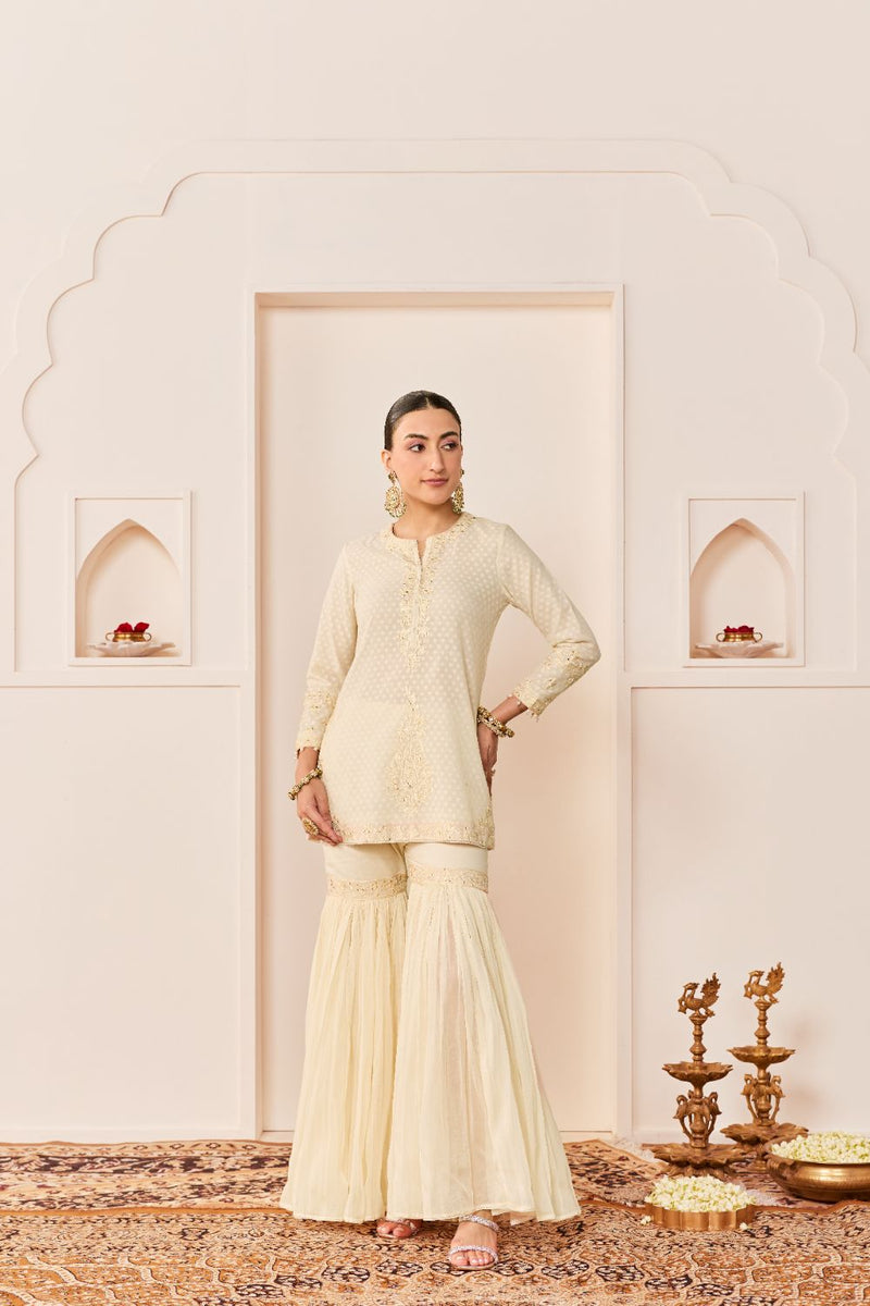 YASNEEN -DAISY IVORY SHORT KURTA WITH GARARA AND DUPATTA chanderi silk kurta/kurta set by SHEETAL BATRA in daisy ivory with carnation pink for women Worldwide