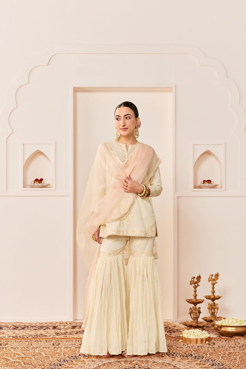 YASNEEN -DAISY IVORY SHORT KURTA WITH GARARA AND DUPATTA chanderi silk kurta/kurta set by SHEETAL BATRA in daisy ivory with carnation pink for women Worldwide