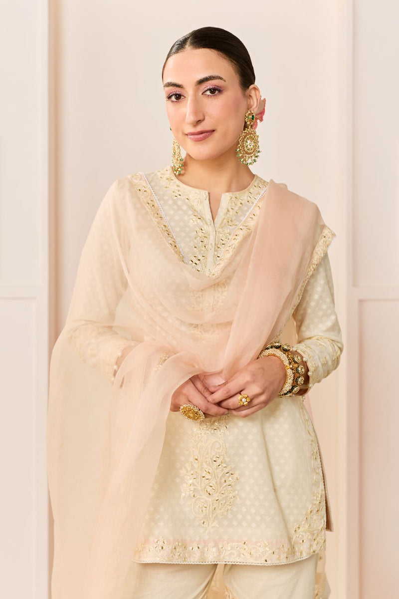 YASNEEN -DAISY IVORY SHORT KURTA WITH GARARA AND DUPATTA chanderi silk kurta/kurta set by SHEETAL BATRA in daisy ivory with carnation pink for women Worldwide