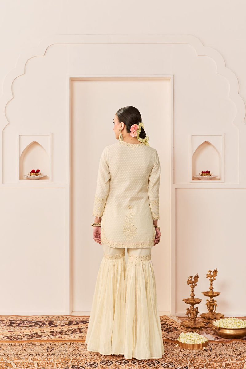 YASNEEN -DAISY IVORY SHORT KURTA WITH GARARA AND DUPATTA chanderi silk kurta/kurta set by SHEETAL BATRA in daisy ivory with carnation pink for women Worldwide