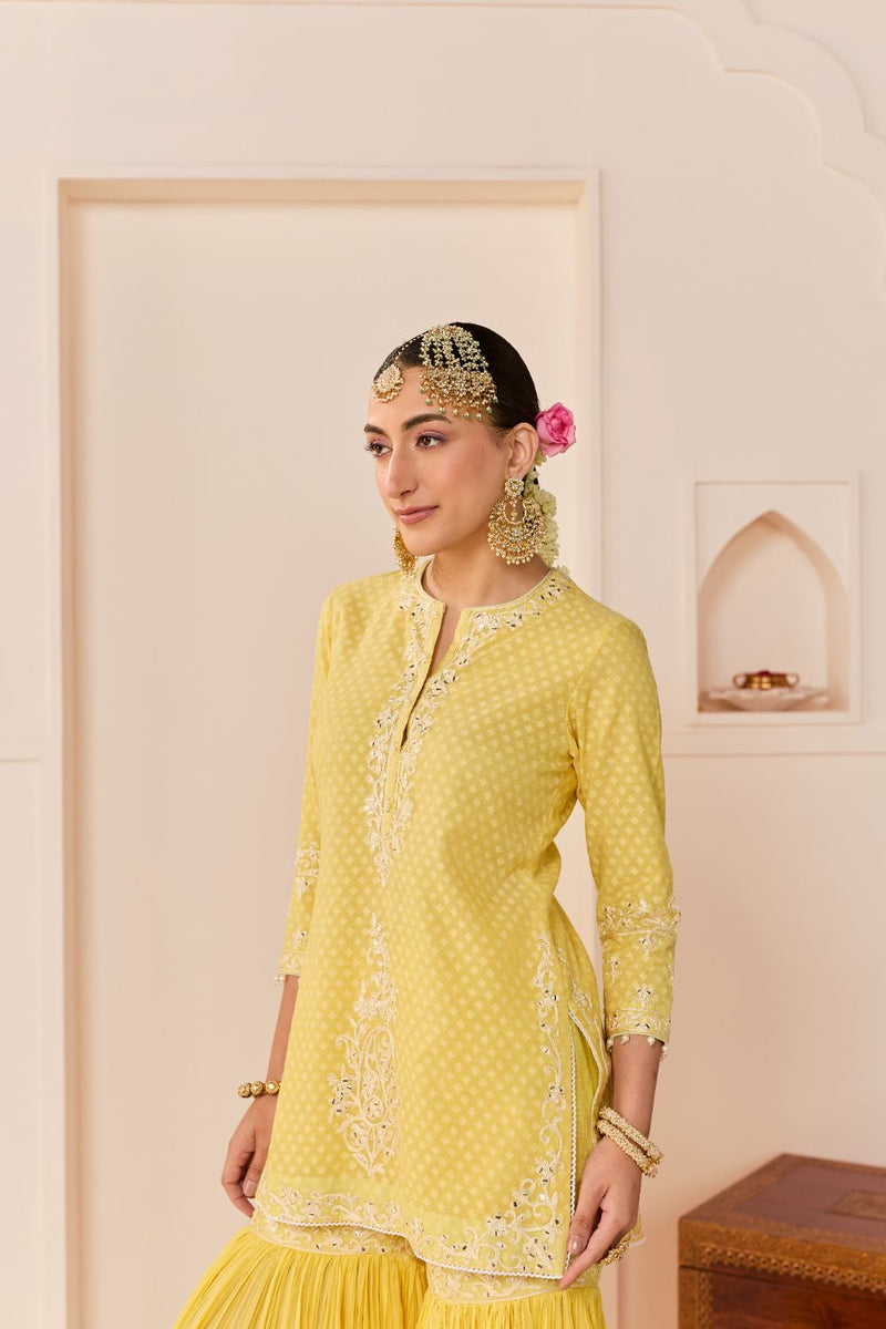 YASNEEN - LEMON YELLOW SHORT KURTA WITH GARARA AND DUPATTA chanderi silk kurta/kurta set by SHEETAL BATRA in lemon yellow with mint green for women Worldwide
