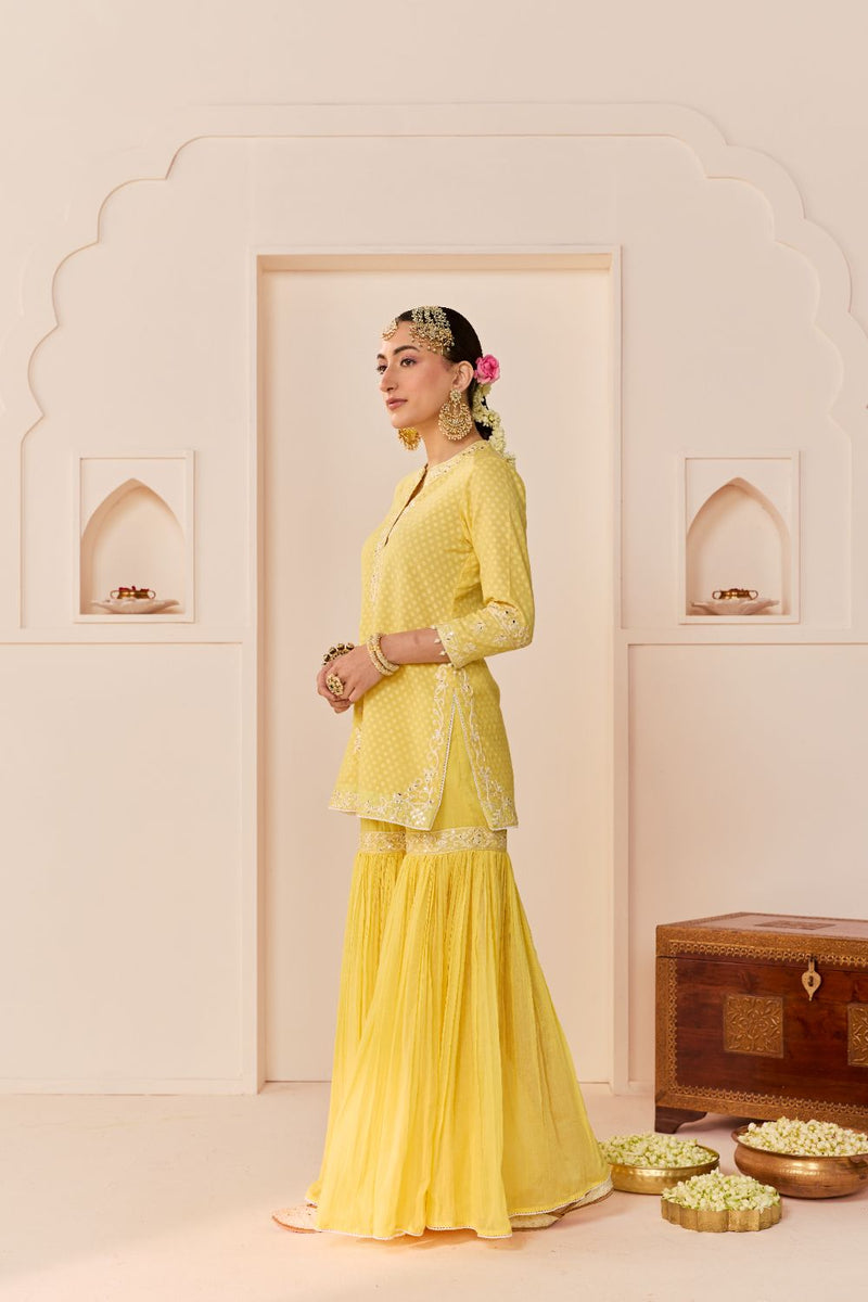 YASNEEN - LEMON YELLOW SHORT KURTA WITH GARARA AND DUPATTA chanderi silk kurta/kurta set by SHEETAL BATRA in lemon yellow with mint green for women Worldwide