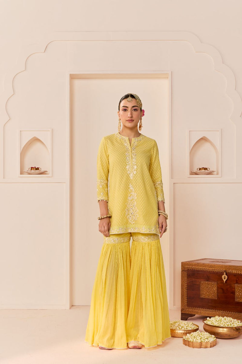 YASNEEN - LEMON YELLOW SHORT KURTA WITH GARARA AND DUPATTA chanderi silk kurta/kurta set by SHEETAL BATRA in lemon yellow with mint green for women Worldwide