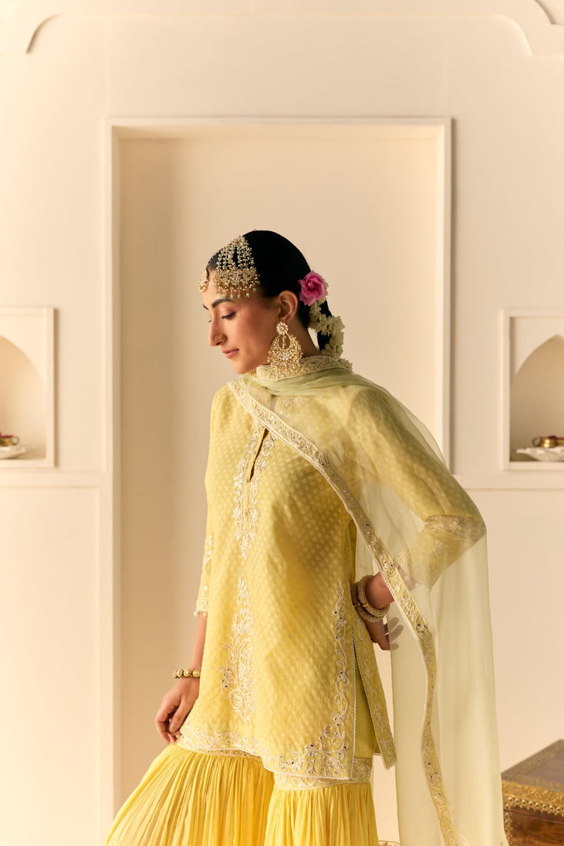 YASNEEN - LEMON YELLOW SHORT KURTA WITH GARARA AND DUPATTA chanderi silk kurta/kurta set by SHEETAL BATRA in lemon yellow with mint green for women Worldwide